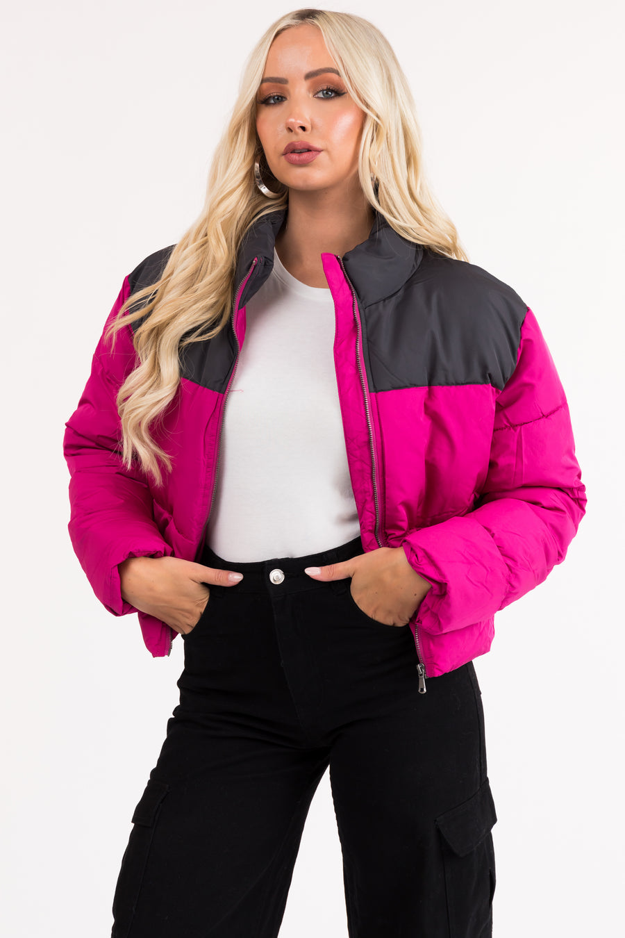 Magenta Colorblock Front Zip Up Puffer Jacket