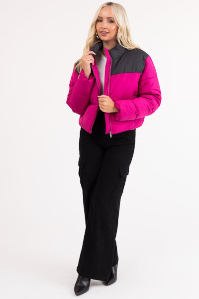 Magenta Colorblock Front Zip Up Puffer Jacket