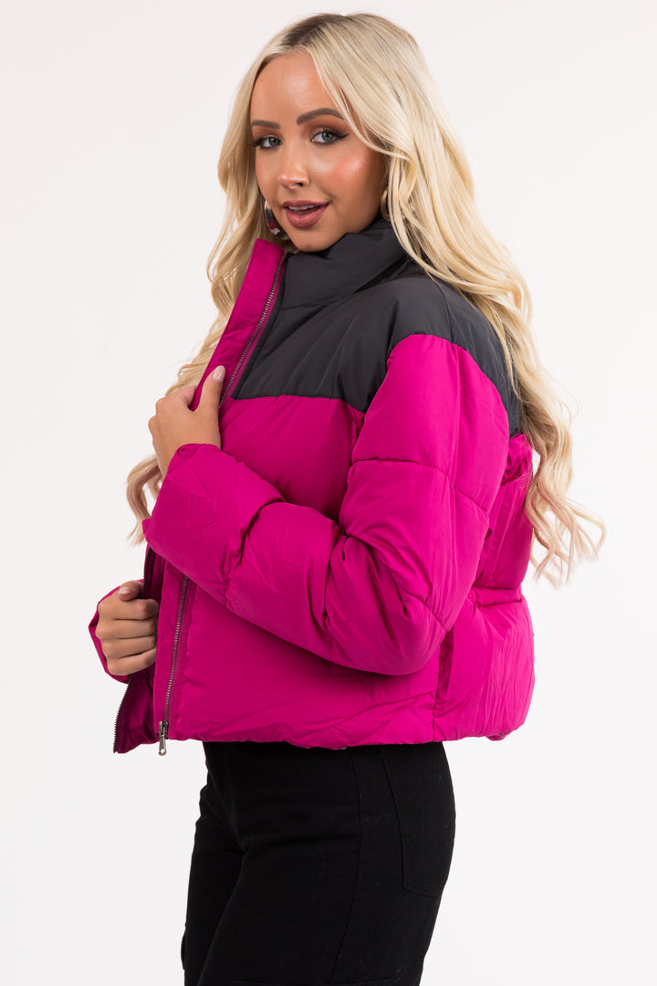 Magenta Colorblock Front Zip Up Puffer Jacket