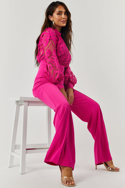 Magenta Crochet Bubble Long Sleeve Jumpsuit