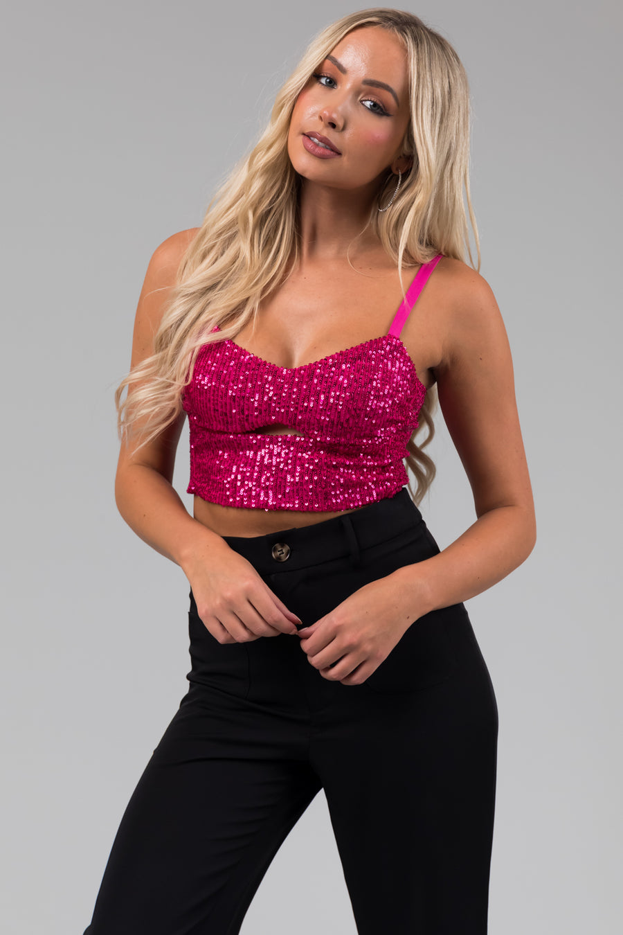 Magenta Cut Out Sequined Cropped Tank Top