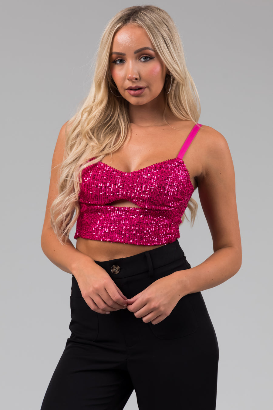 Magenta Cut Out Sequined Cropped Tank Top