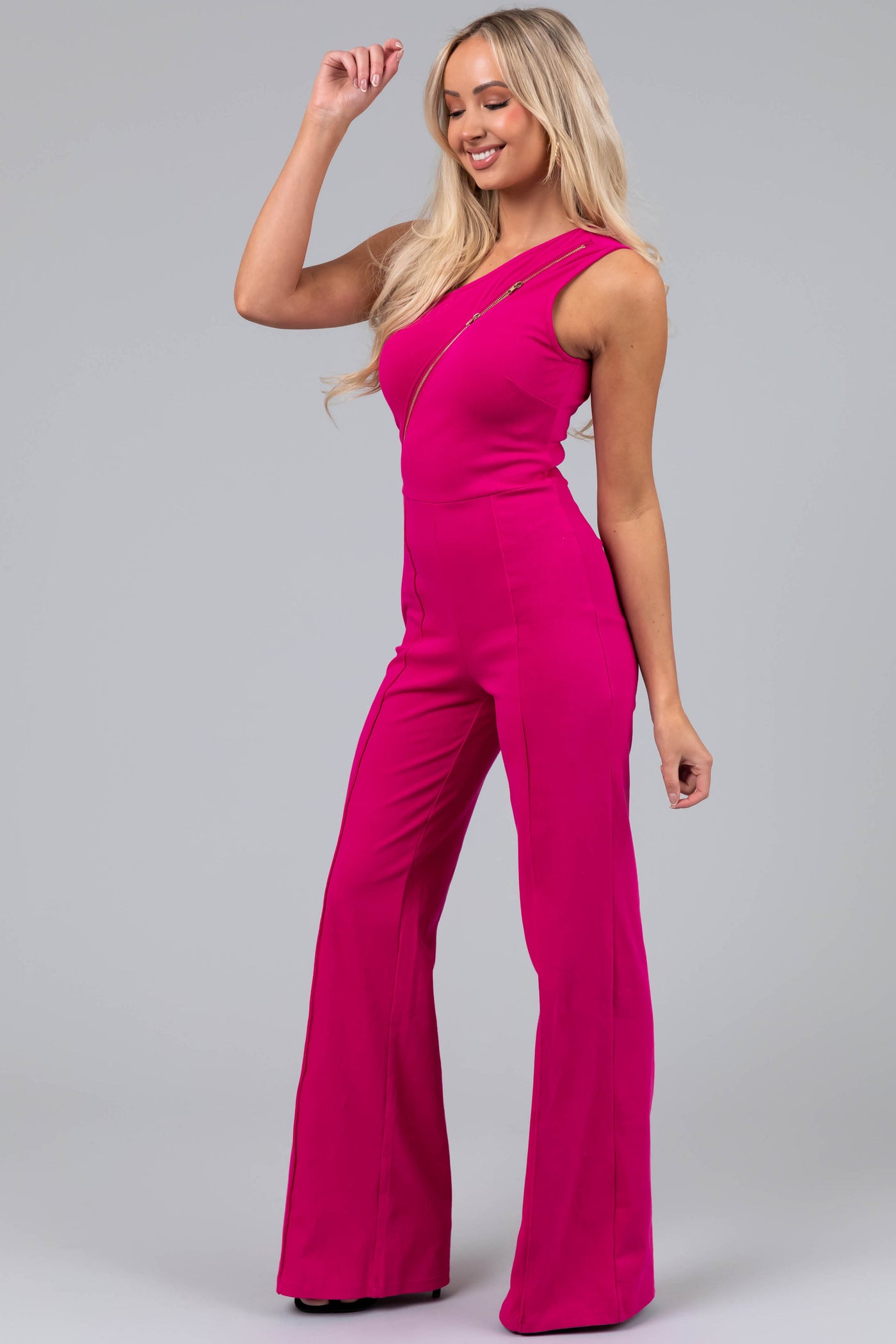 Magenta Denim One Shoulder Zipper Front Jumpsuit