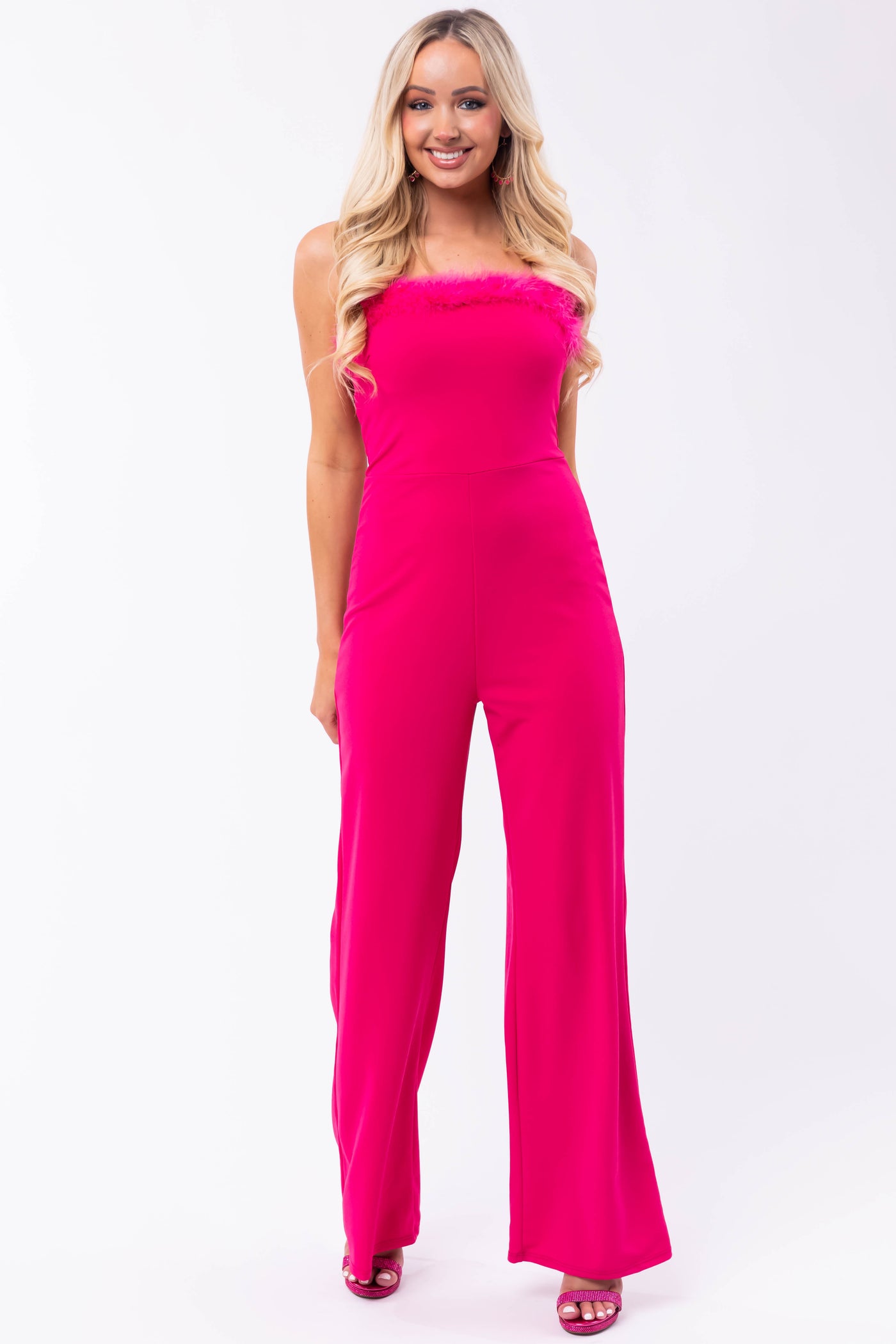 Magenta Faux Feather Trim Sleeveless Jumpsuit