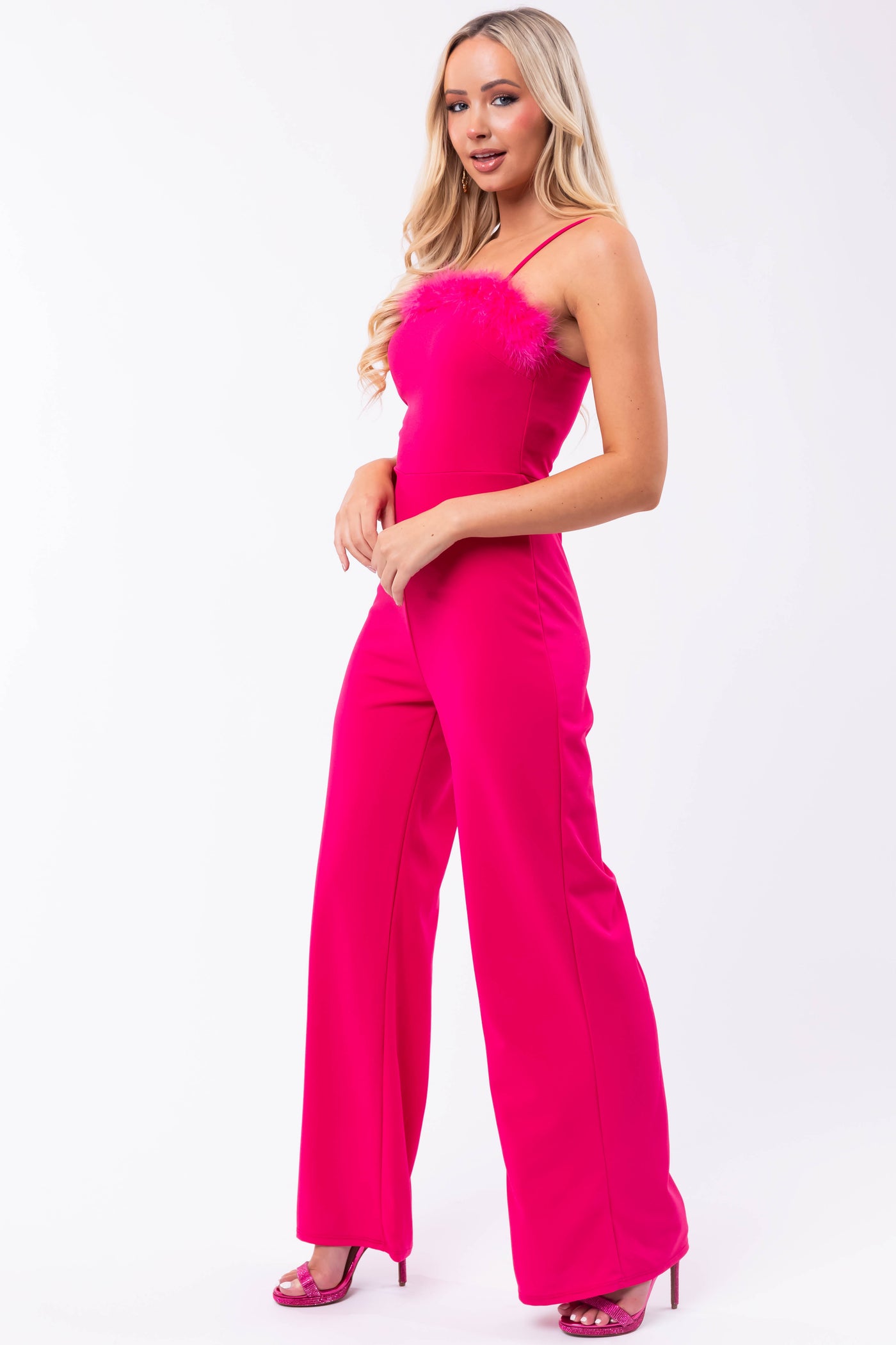 Magenta Faux Feather Trim Sleeveless Jumpsuit