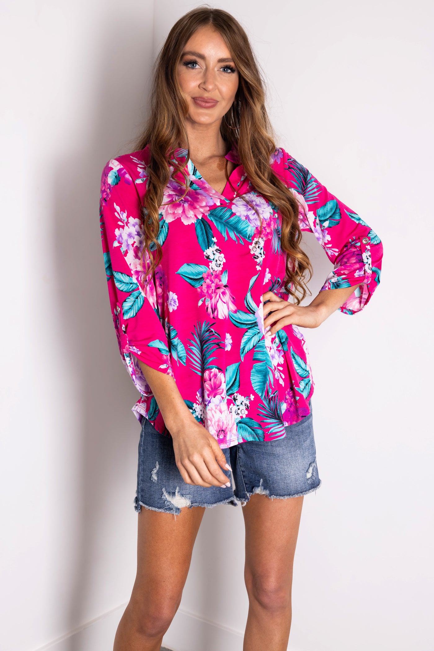 Magenta Floral Print 3/4 Sleeve V Neck Top | Lime Lush