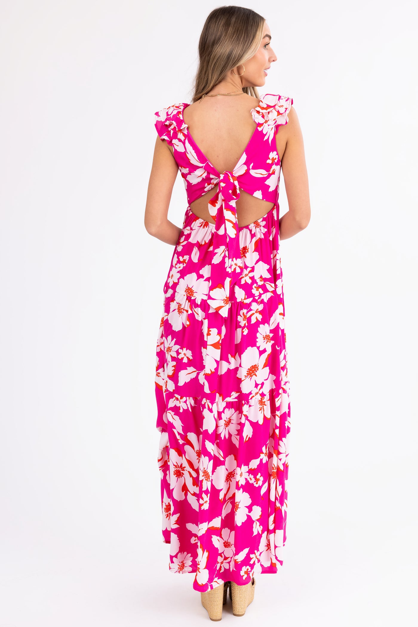 Magenta Floral Print Open Back Maxi Dress
