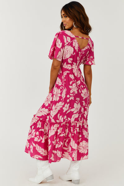 Magenta Floral Print V Neck Midi Dress