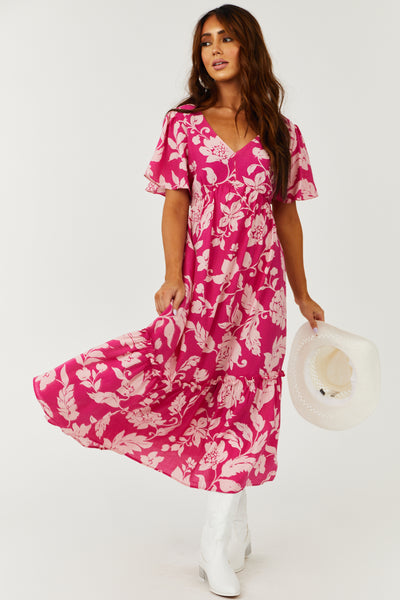 Magenta Floral Print V Neck Midi Dress