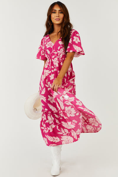Magenta Floral Print V Neck Midi Dress