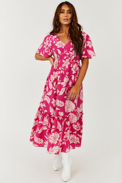 Magenta Floral Print V Neck Midi Dress
