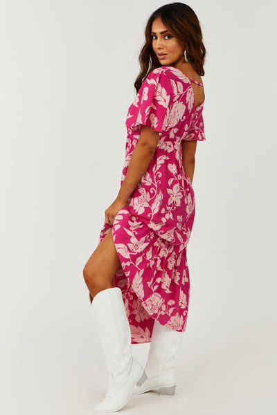 Magenta Floral Print V Neck Midi Dress