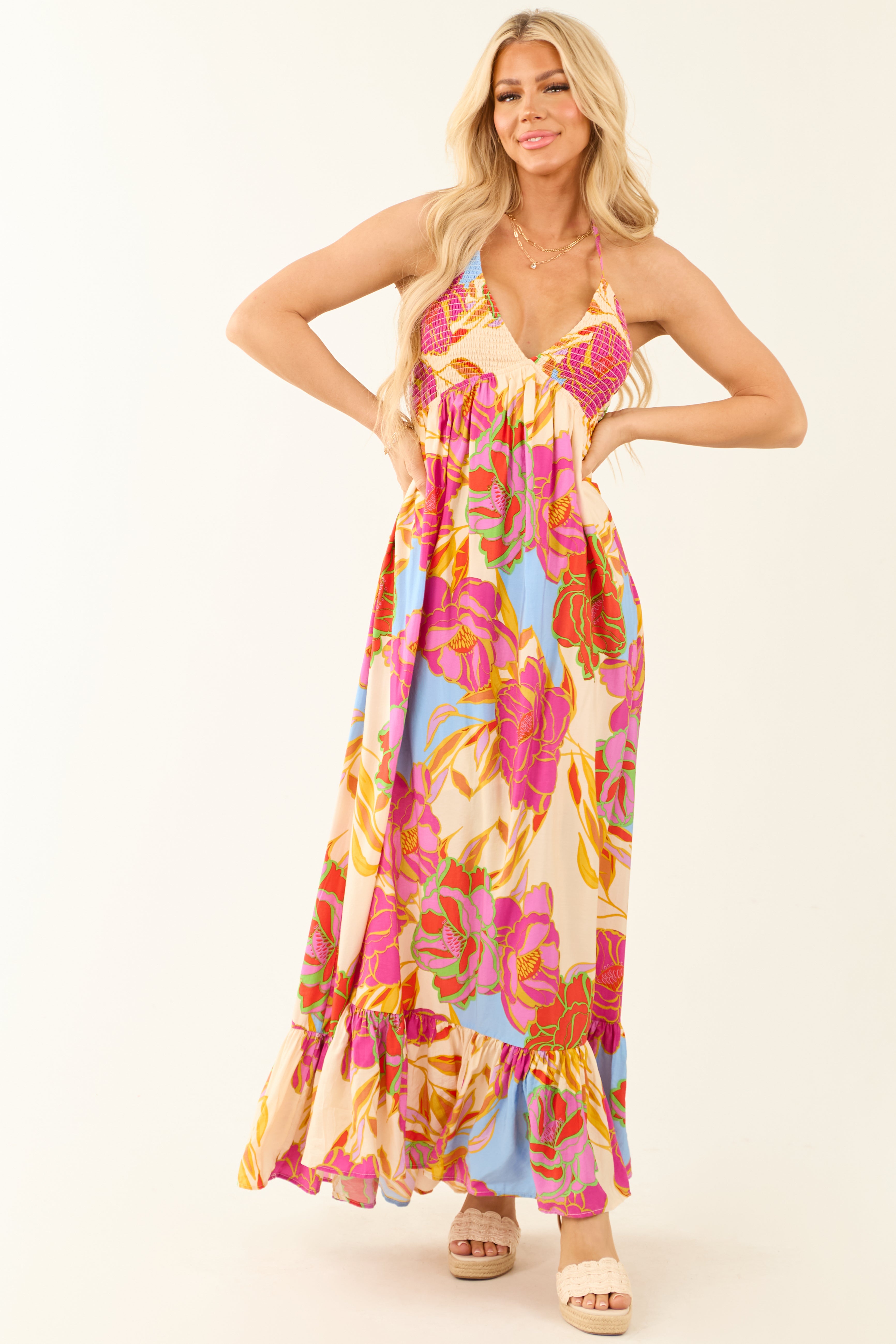 Magenta Floral Smocked Bust Tie Back Maxi Dress