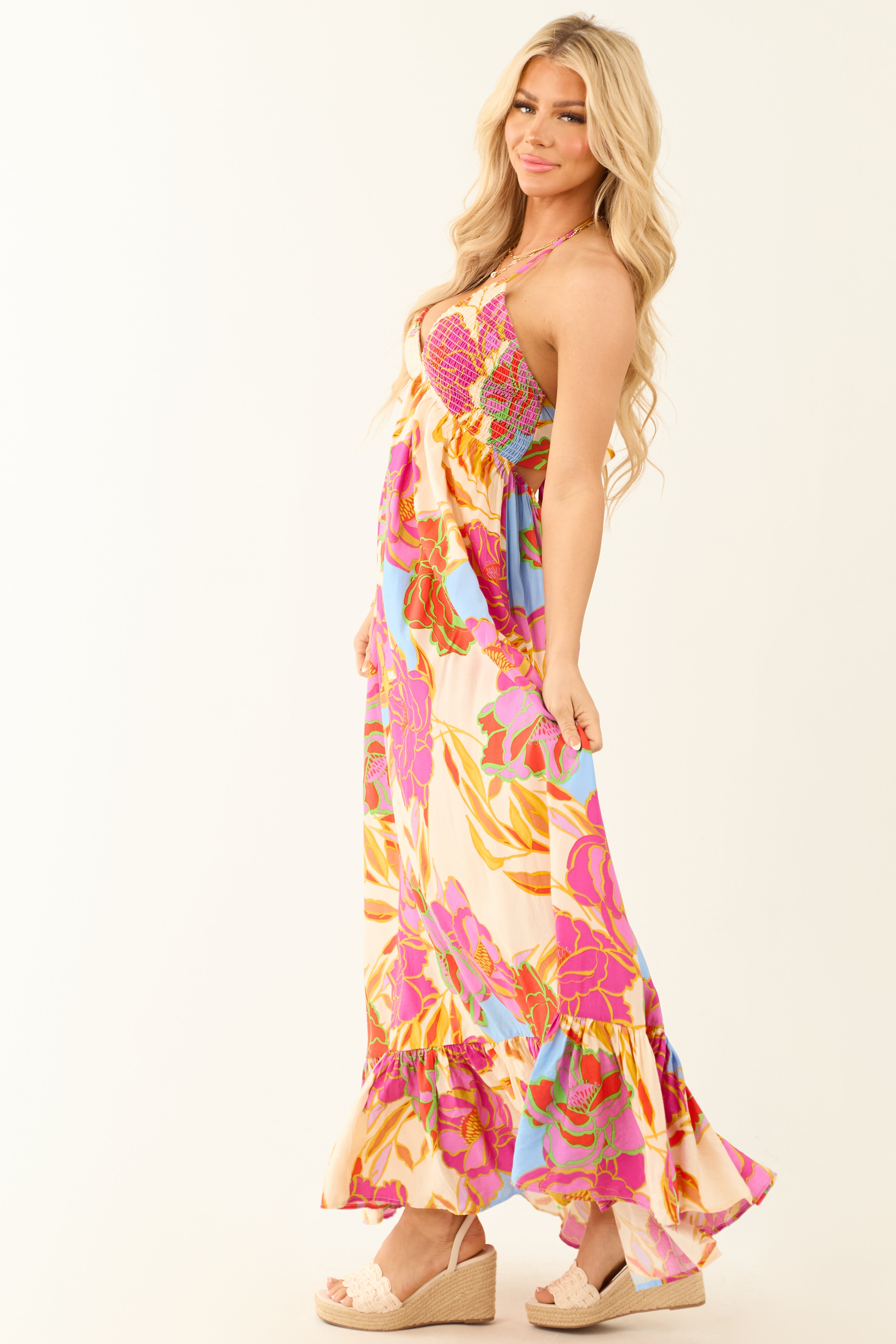 Magenta Floral Smocked Bust Tie Back Maxi Dress