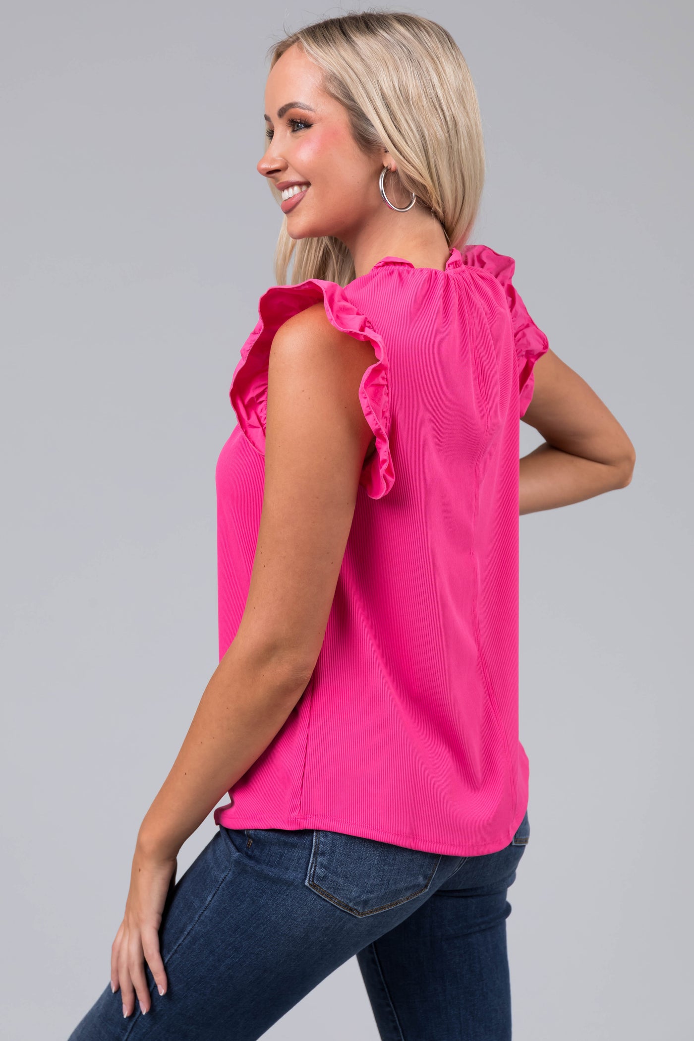 Magenta Frill Trim Contrast Ribbed Knit Top