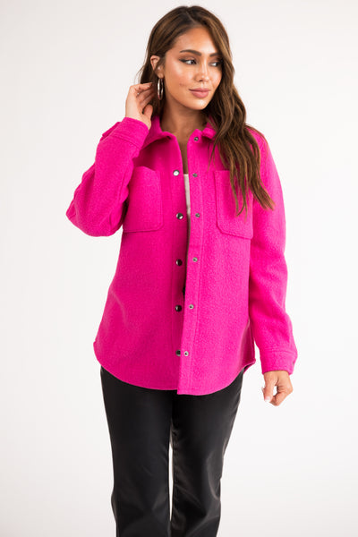 Magenta Fuzzy Button Down Long Sleeve Shacket