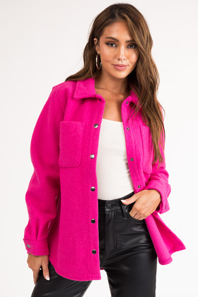 Magenta Fuzzy Button Down Long Sleeve Shacket