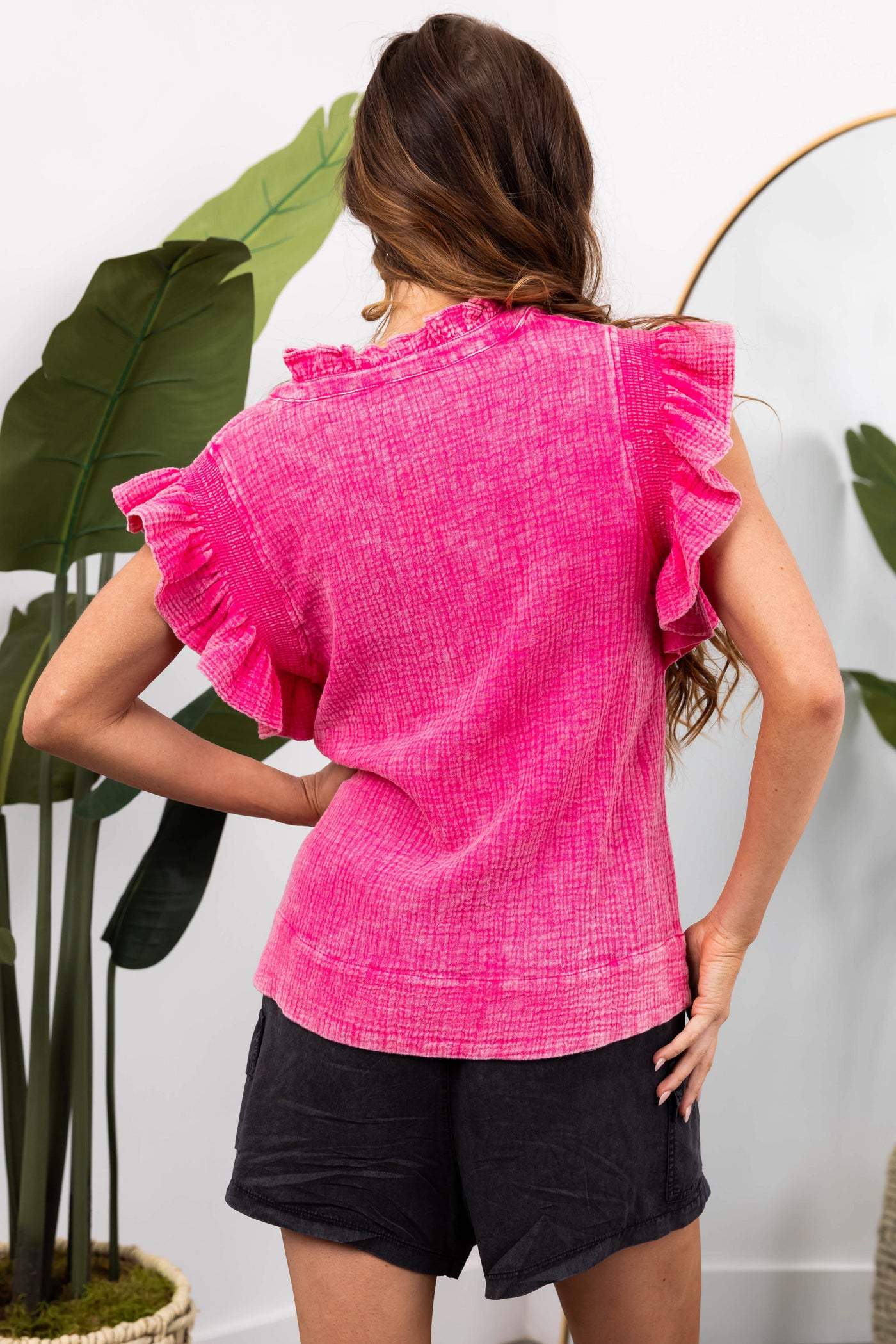 Magenta Gauze Texture Ruffle Sleeve Top