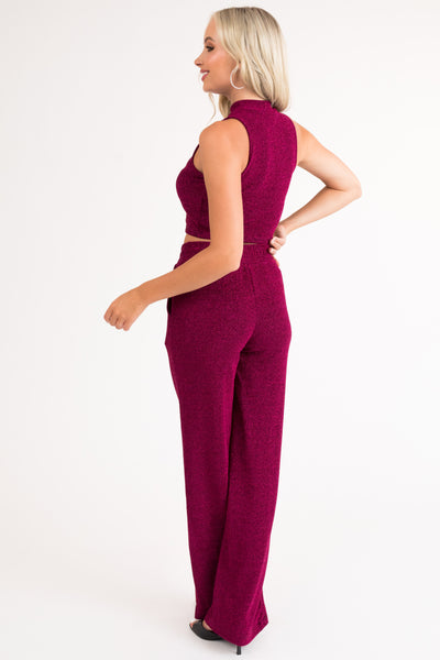 Magenta Glitter Wide Leg Stretchy Lurex Pants