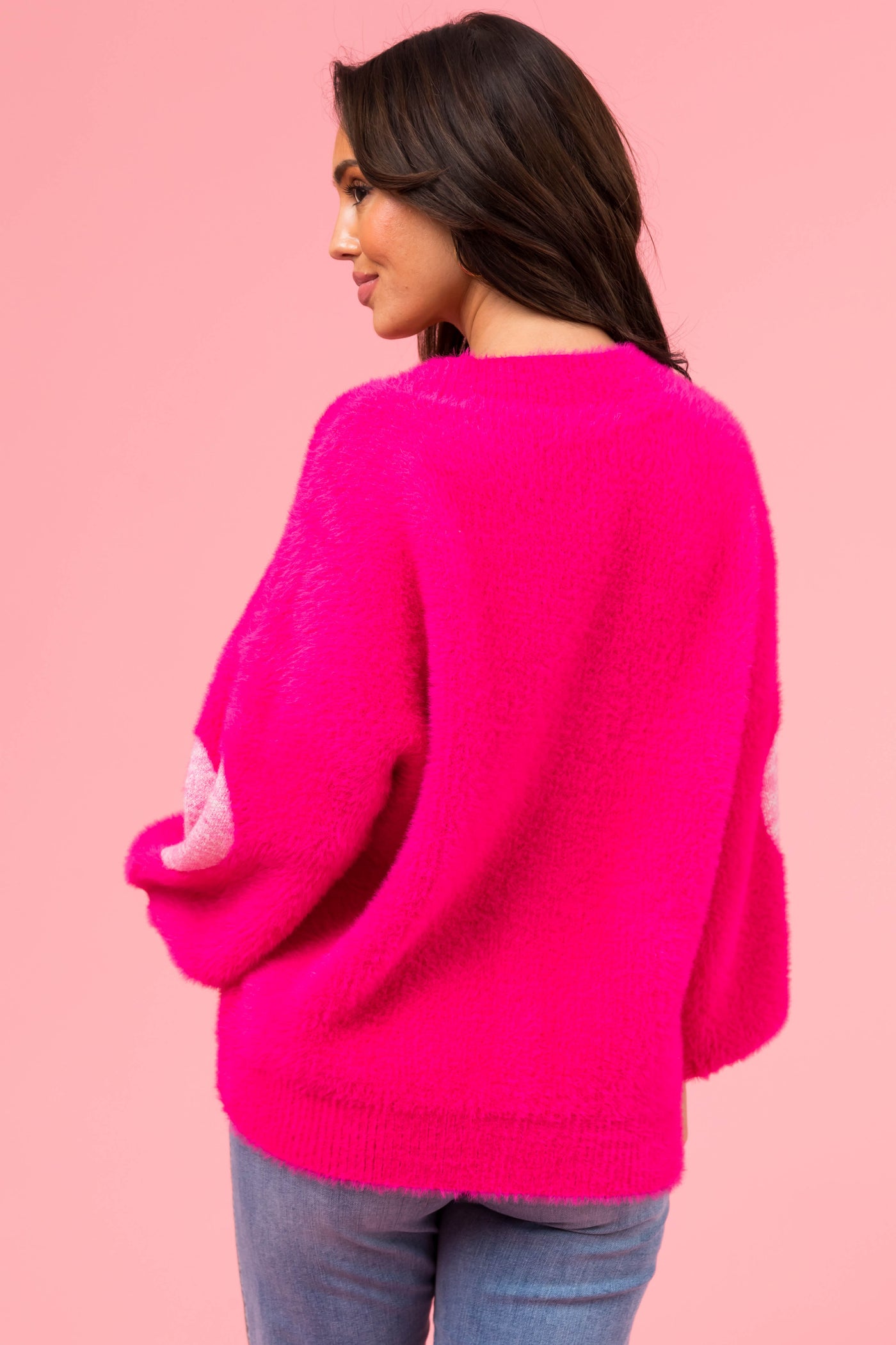 Magenta Heart Pattern Fuzzy Knit Sweater