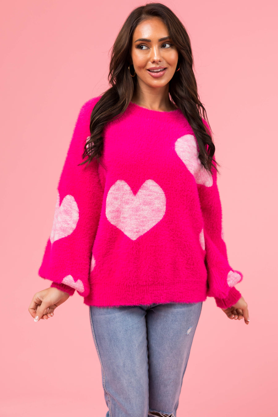Magenta Heart Pattern Fuzzy Knit Sweater