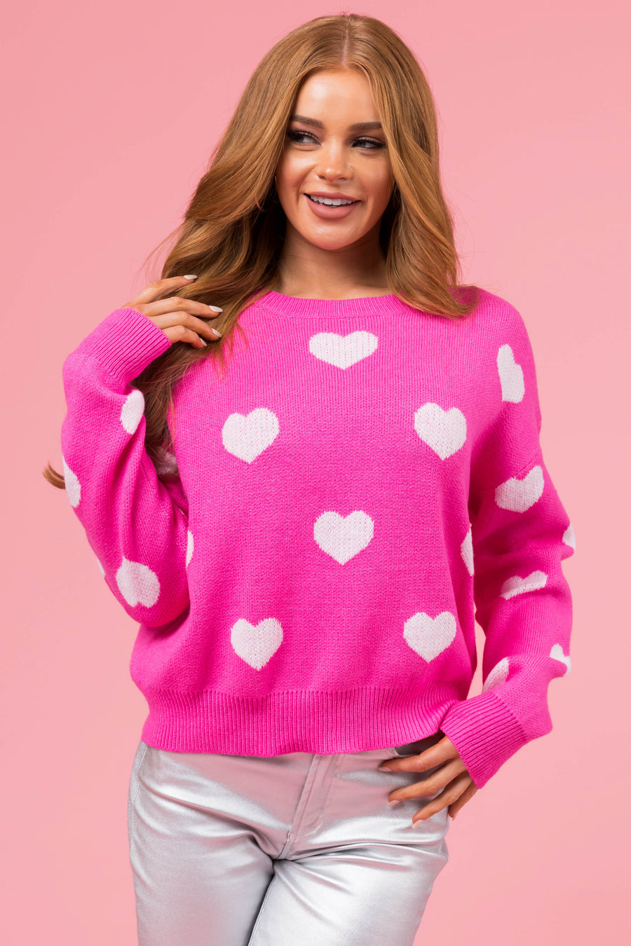 Magenta Heart Pattern Soft Crew Neck Sweater