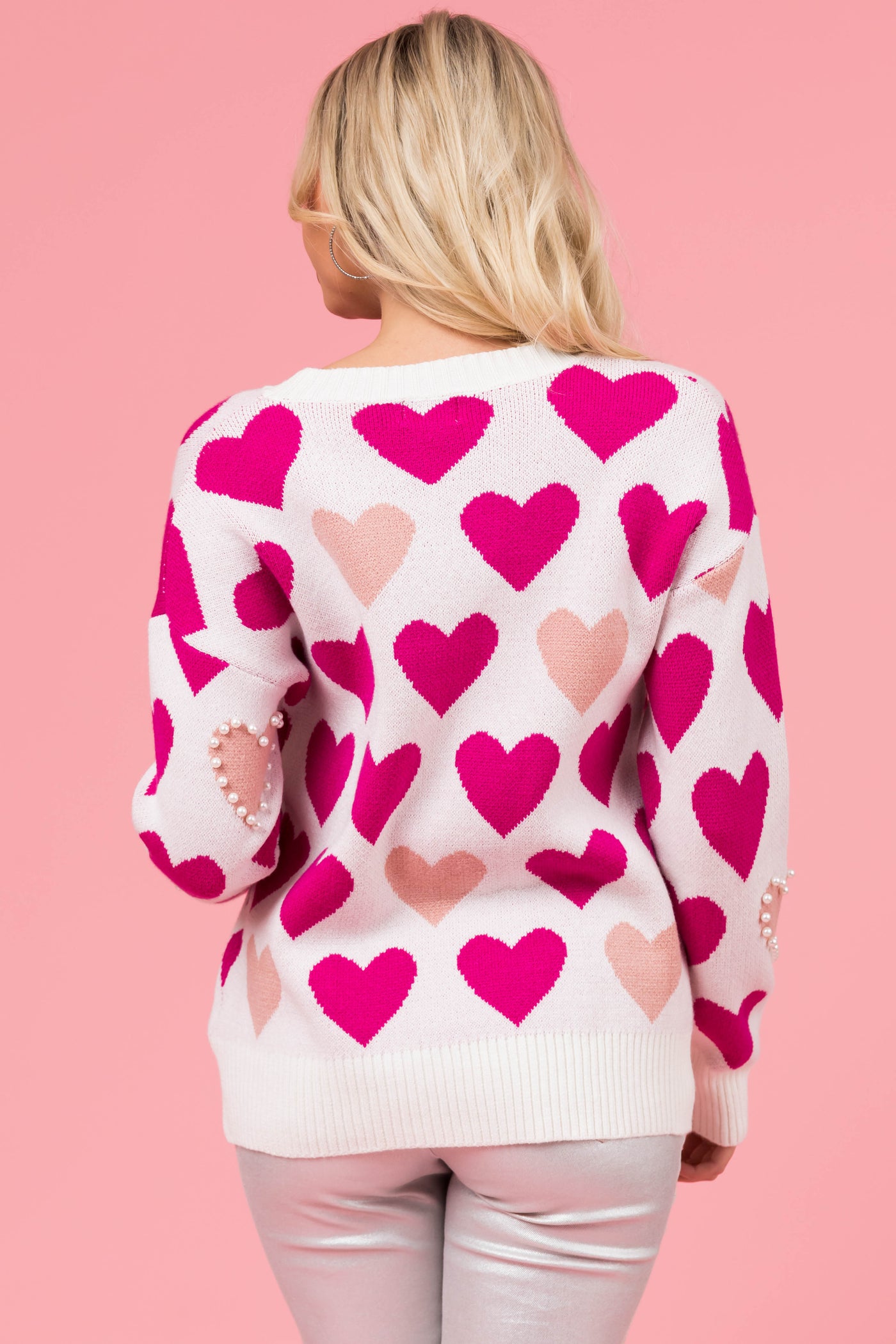 Magenta Heart Print Pearl Embellished Knit Sweater