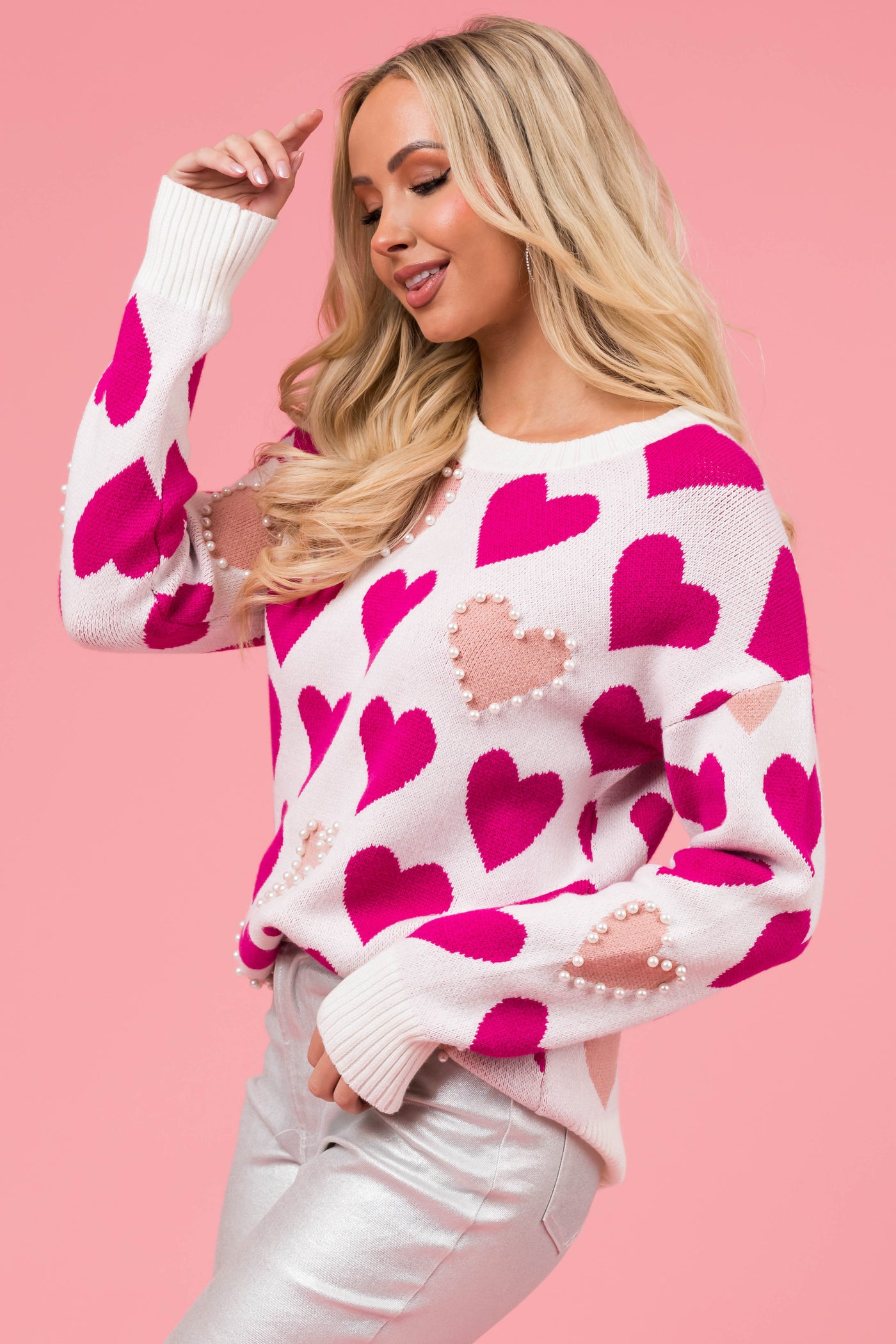 Magenta Heart Print Pearl Embellished Knit Sweater