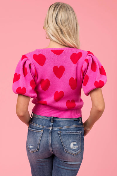 Magenta Heart Print Short Puff Sleeve Sweater