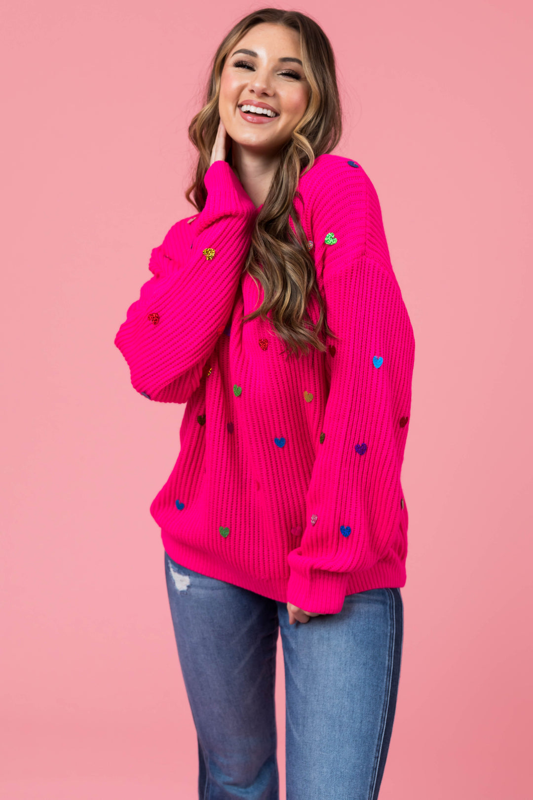 Magenta Heart Sequins Long Sleeve Knit Sweater & Lime Lush