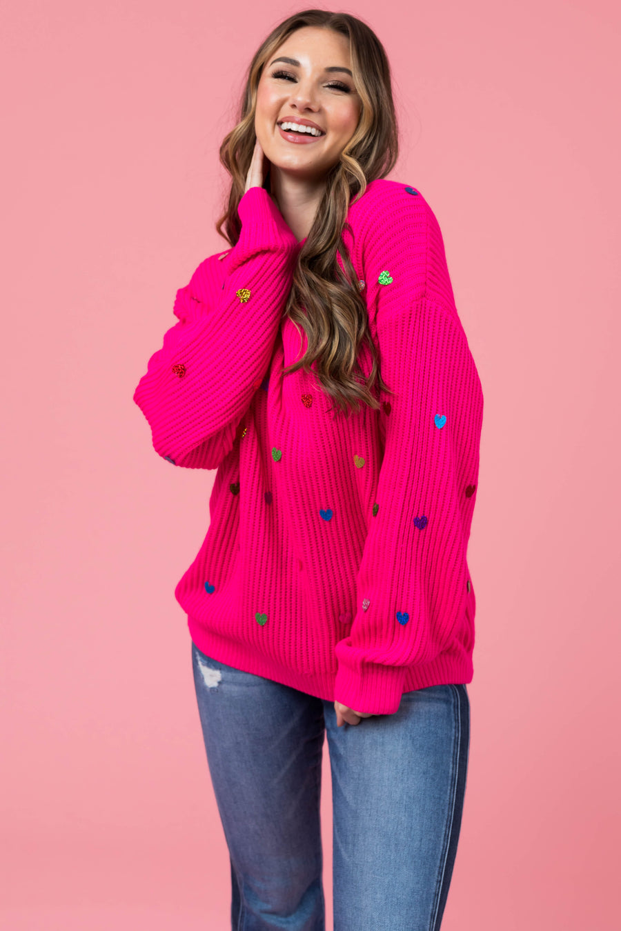 Magenta Heart Sequins Long Sleeve Knit Sweater