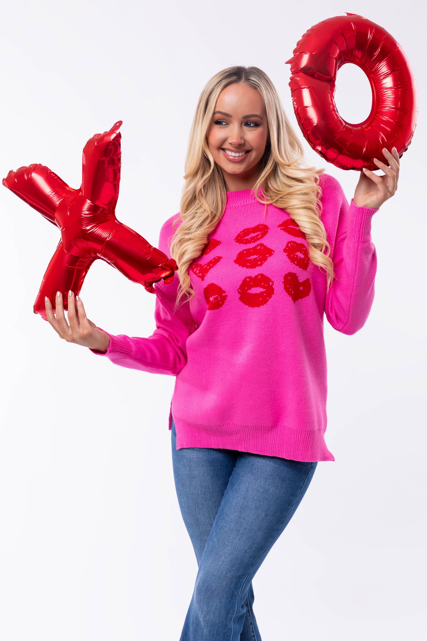 Magenta Heart and Lip Print Knit Sweater
