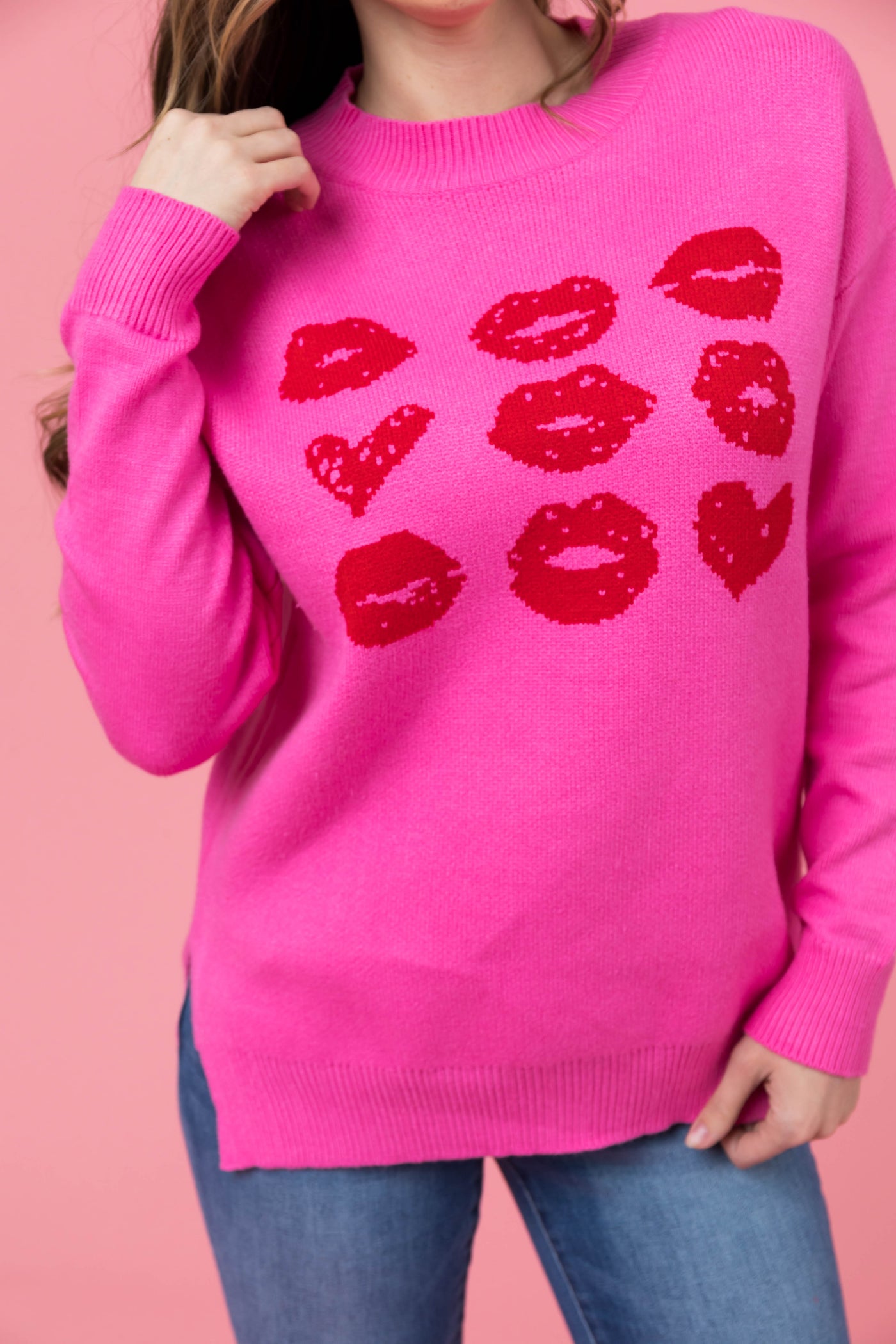 Magenta Heart and Lip Print Knit Sweater