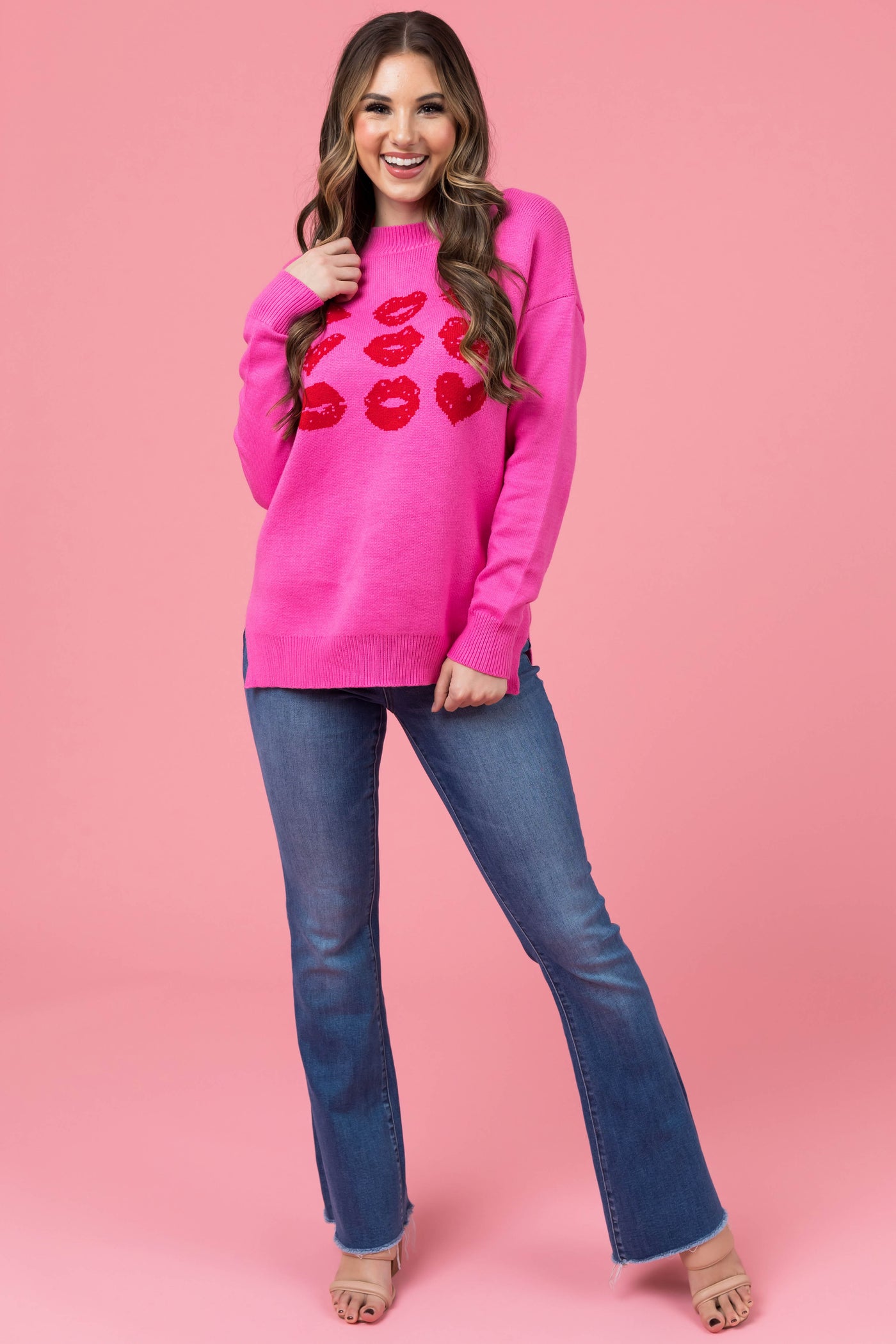 Magenta Heart and Lip Print Knit Sweater