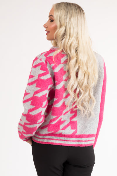 Magenta Houndstooth Colorblock Knit Sweater