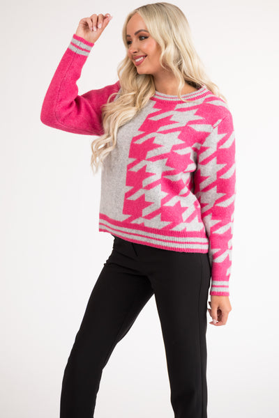 Magenta Houndstooth Colorblock Knit Sweater