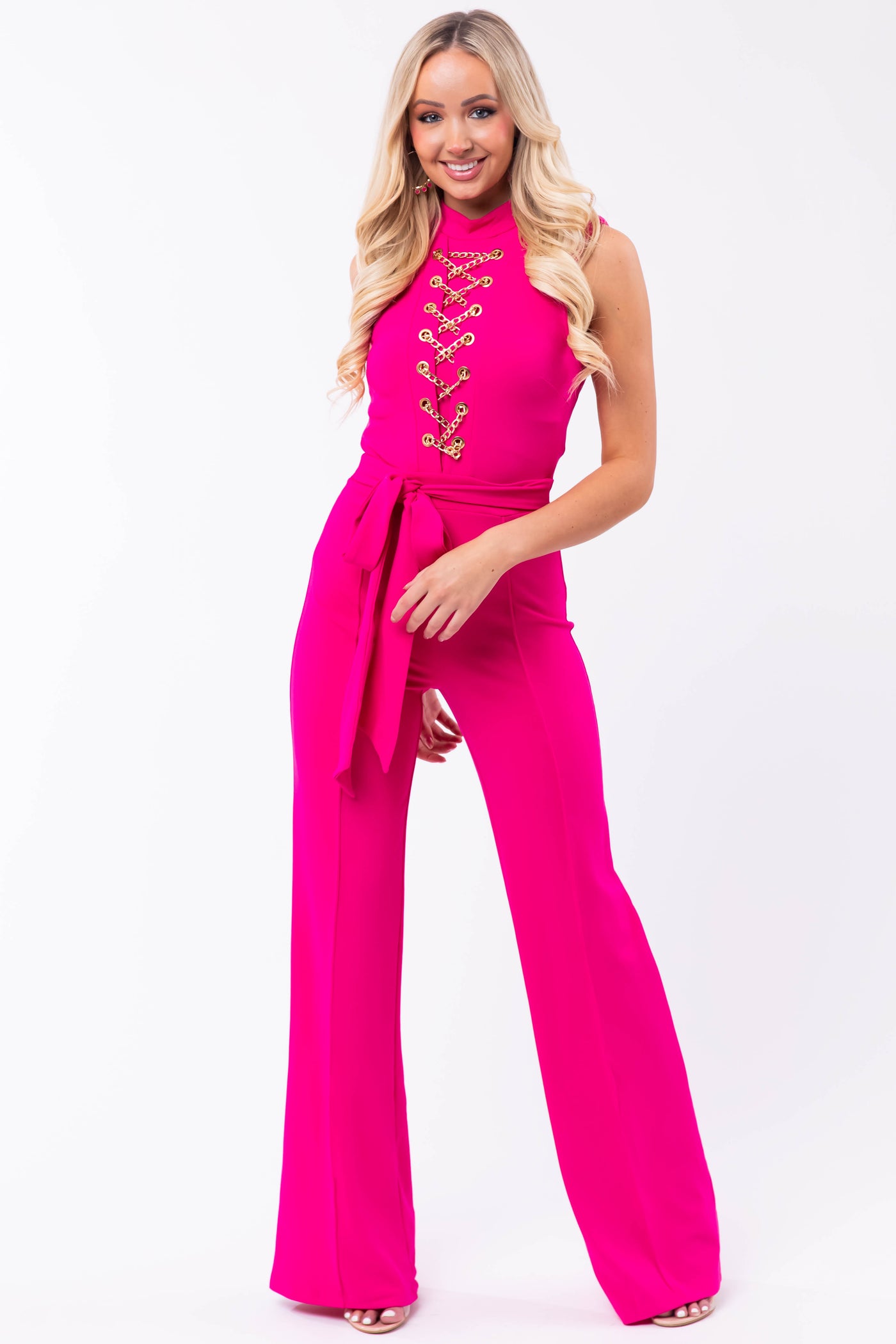 Magenta Lace Up Chain Sleeveless Jumpsuit