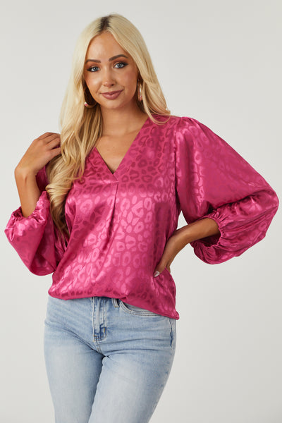 Magenta Leopard Jacquard V Neck Satin Blouse