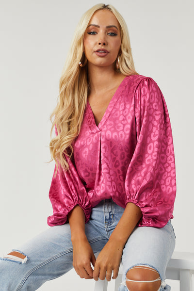 Magenta Leopard Jacquard V Neck Satin Blouse