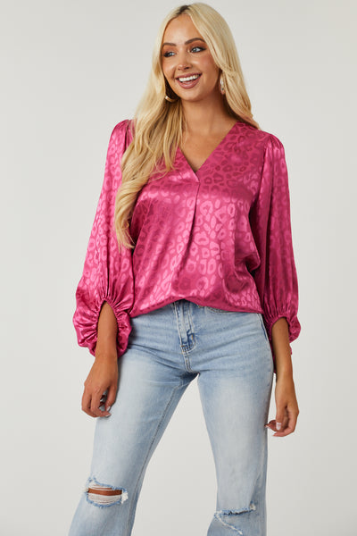 Magenta Leopard Jacquard V Neck Satin Blouse