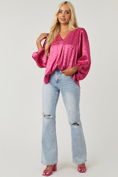 Magenta Leopard Jacquard V Neck Satin Blouse