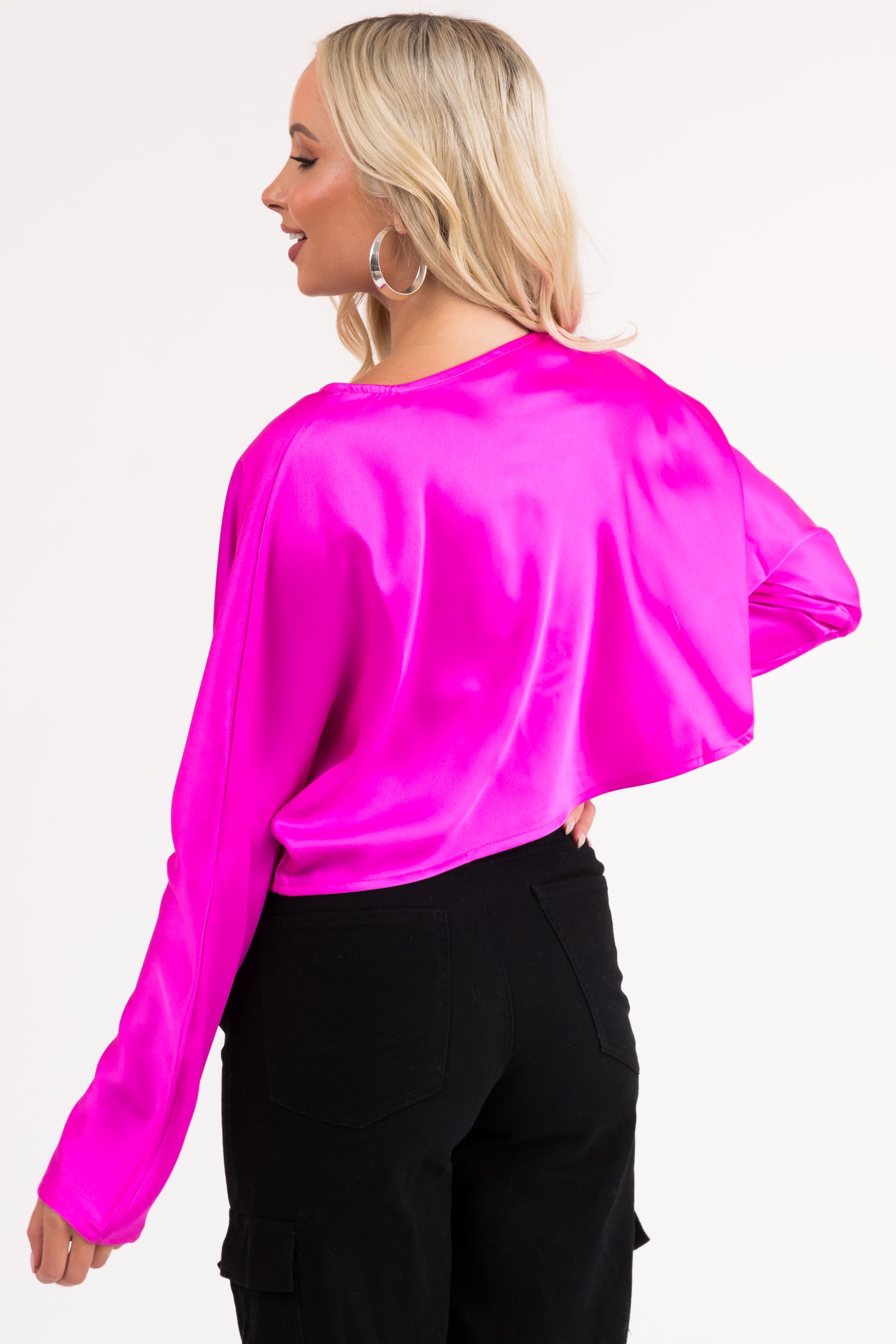 Magenta Long Sleeve Satin Cropped Blouse