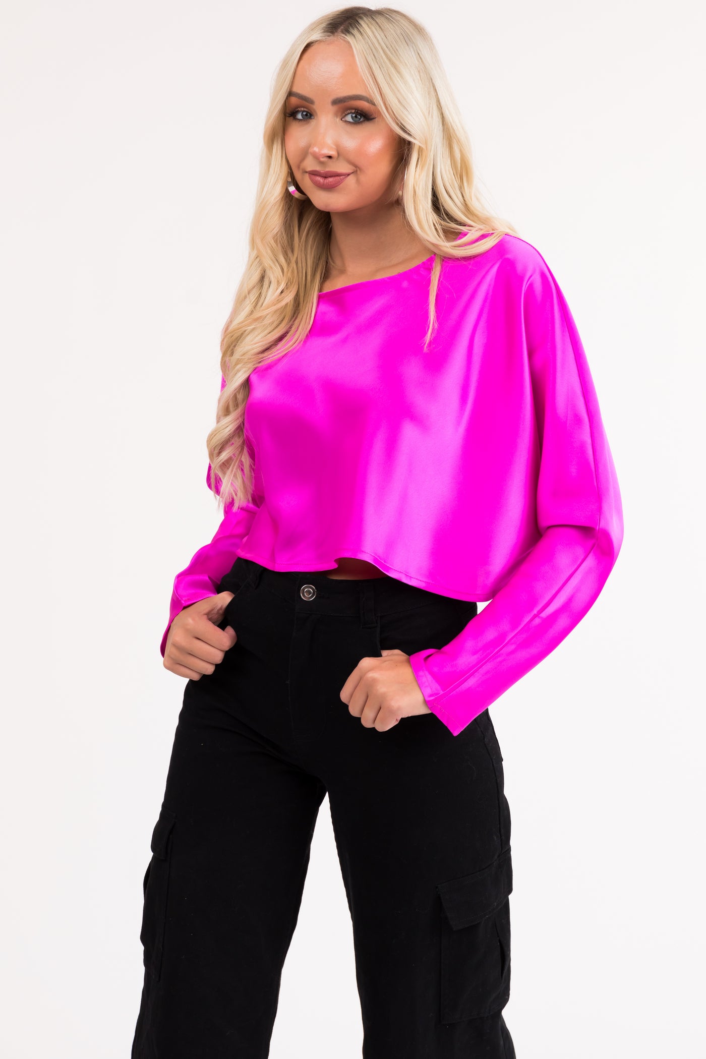 Magenta Long Sleeve Satin Cropped Blouse