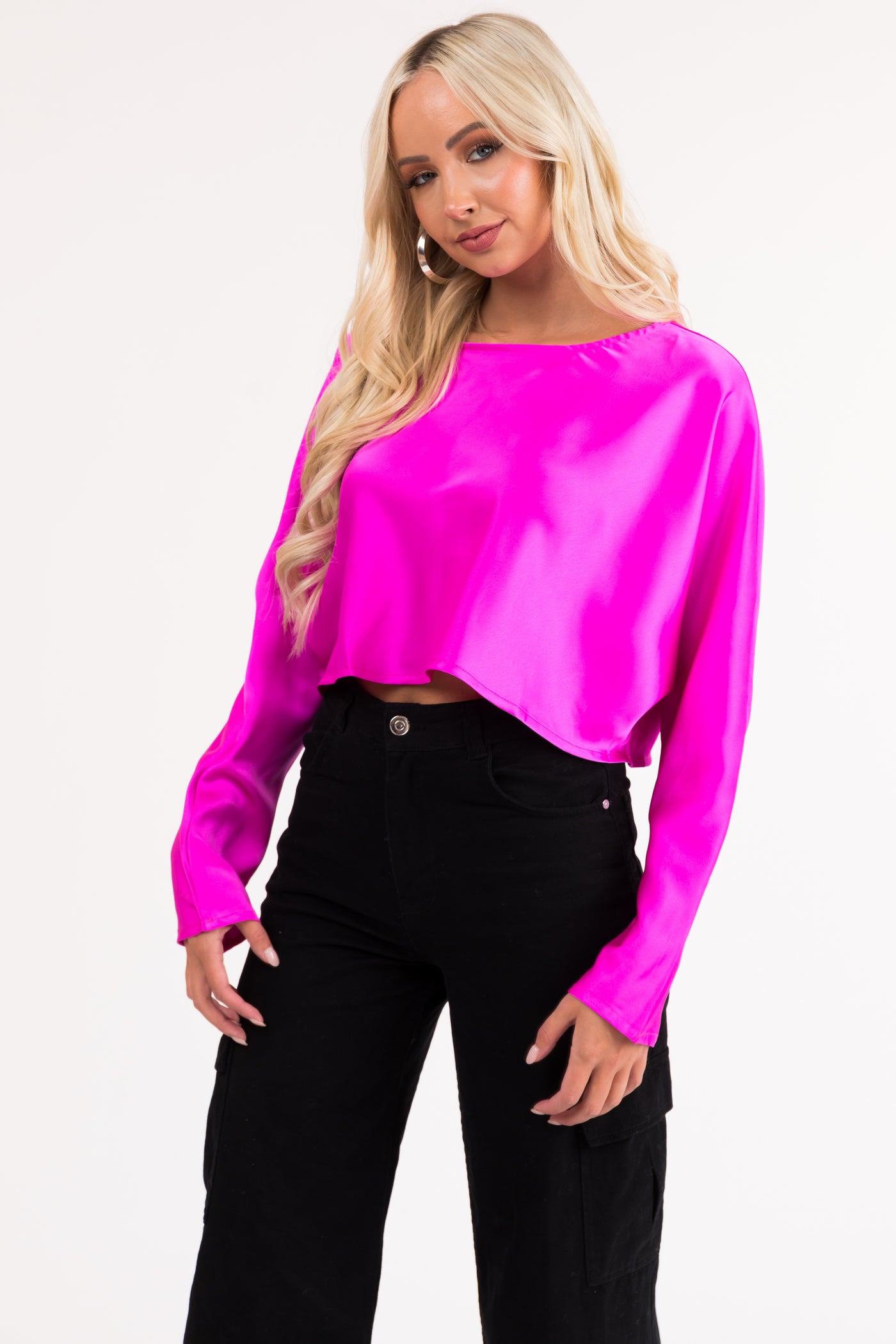 Magenta Long Sleeve Satin Cropped Blouse