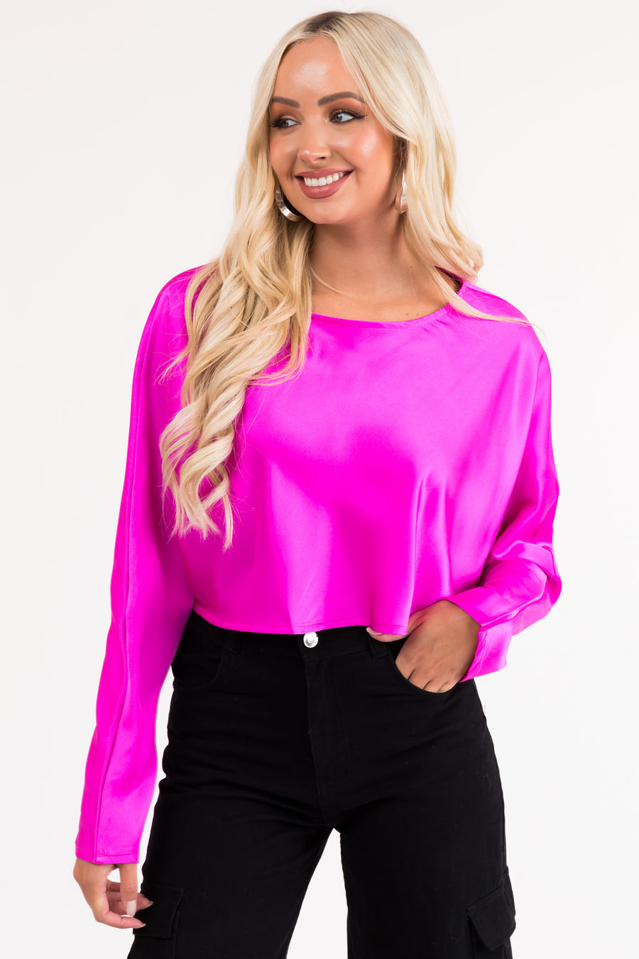 Magenta Long Sleeve Satin Cropped Blouse