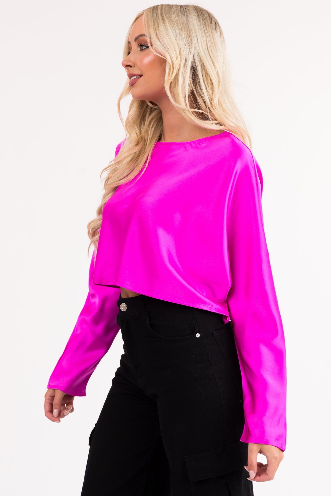 Magenta Long Sleeve Satin Cropped Blouse