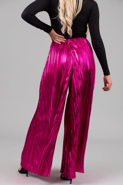 Magenta Metallic Pleated Flare High Waist Pants