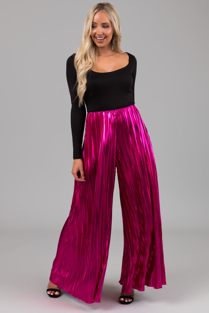 Magenta Metallic Pleated Flare High Waist Pants