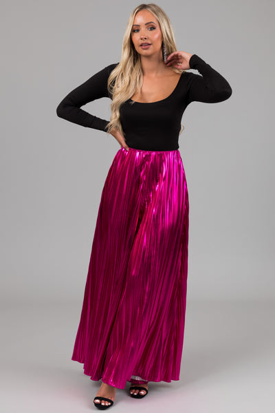 Magenta Metallic Pleated Flare High Waist Pants