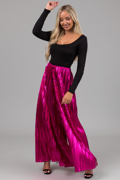 Magenta Metallic Pleated Flare High Waist Pants